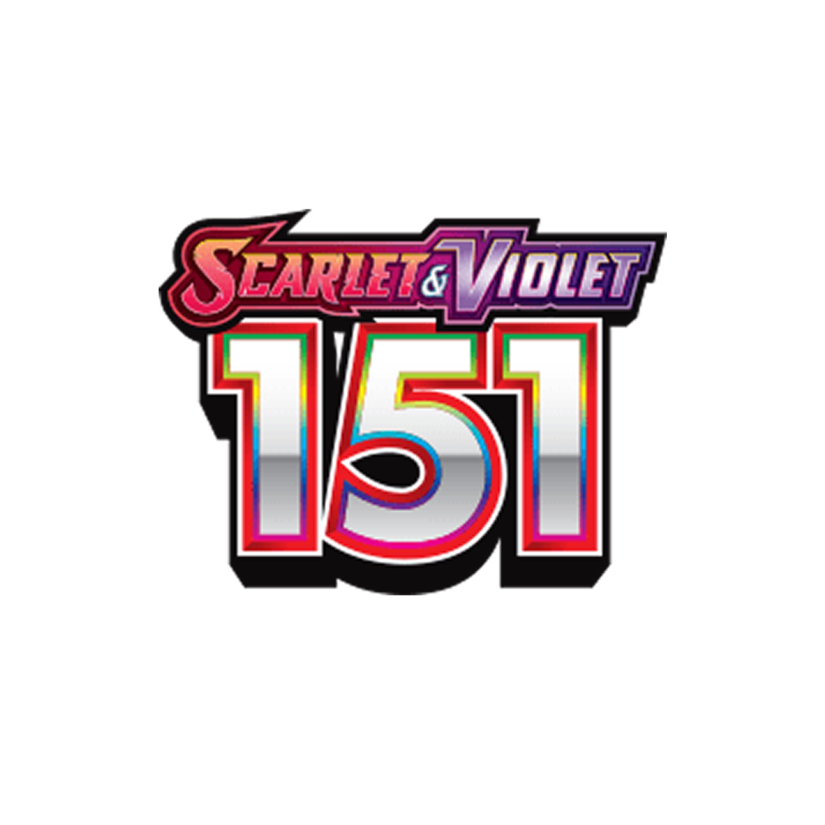 Logo for Pokémon Scarlet & Violet 151 featuring the text Scarlet & Violet above the number 151 in bold, metallic lettering.