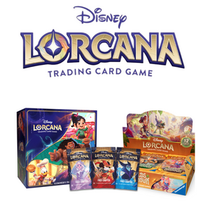Disney Lorcana Trading Card Game logo above a gift set box, three individual booster packs, and a booster display box.