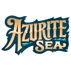 Stylized text logo reading AZURITE SEA in tan with a dark blue, wavy background and subtle water wave details.