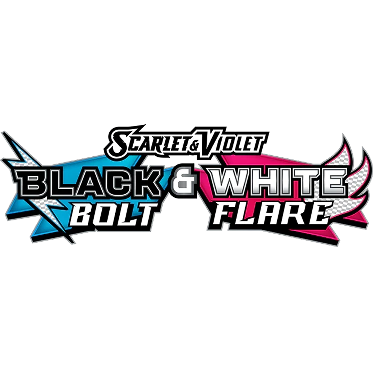 Logo for Scarlet & Violet Black & White Bolt Flare, with the text split across a blue lightning bolt shape and a pink winged flame shape.