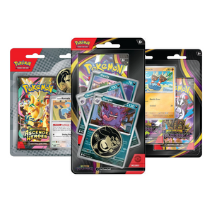 Three Pokémon Trading Card Game booster packs, each featuring collectible cards and different Pokémon-themed packaging, including Gengar, Pikachu, and Luxray artwork on the front.