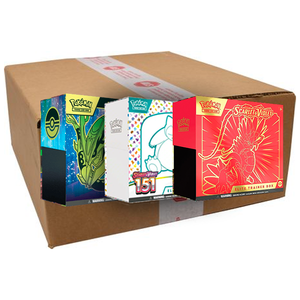A shipping box containing three Pokémon Trading Card Game Elite Trainer Boxes.