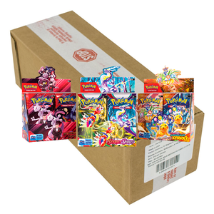 A cardboard shipping carton containing three Pokémon Trading Card Game booster boxes featuring Destiny Rewards, Scarlet & Violet, and Surging Sparks artwork.
