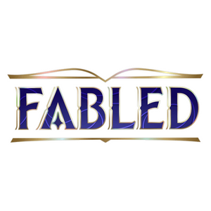 The word FABLED in bold, blue letters with gold edges. A gold line and outline above resembles an open book, with another gold line below the text on a white background.