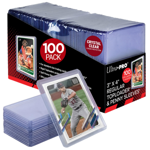 Ultra Pro 100-pack of 3 x 4 regular toploaders and penny sleeves for standard trading cards, shown in retail packaging with an example of a baseball card in a sleeve and toploader.