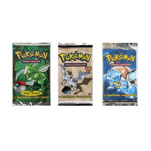Three vintage Pokémon Trading Card Game booster packs featuring Scyther, Aerodactyl, and Blastoise artwork.