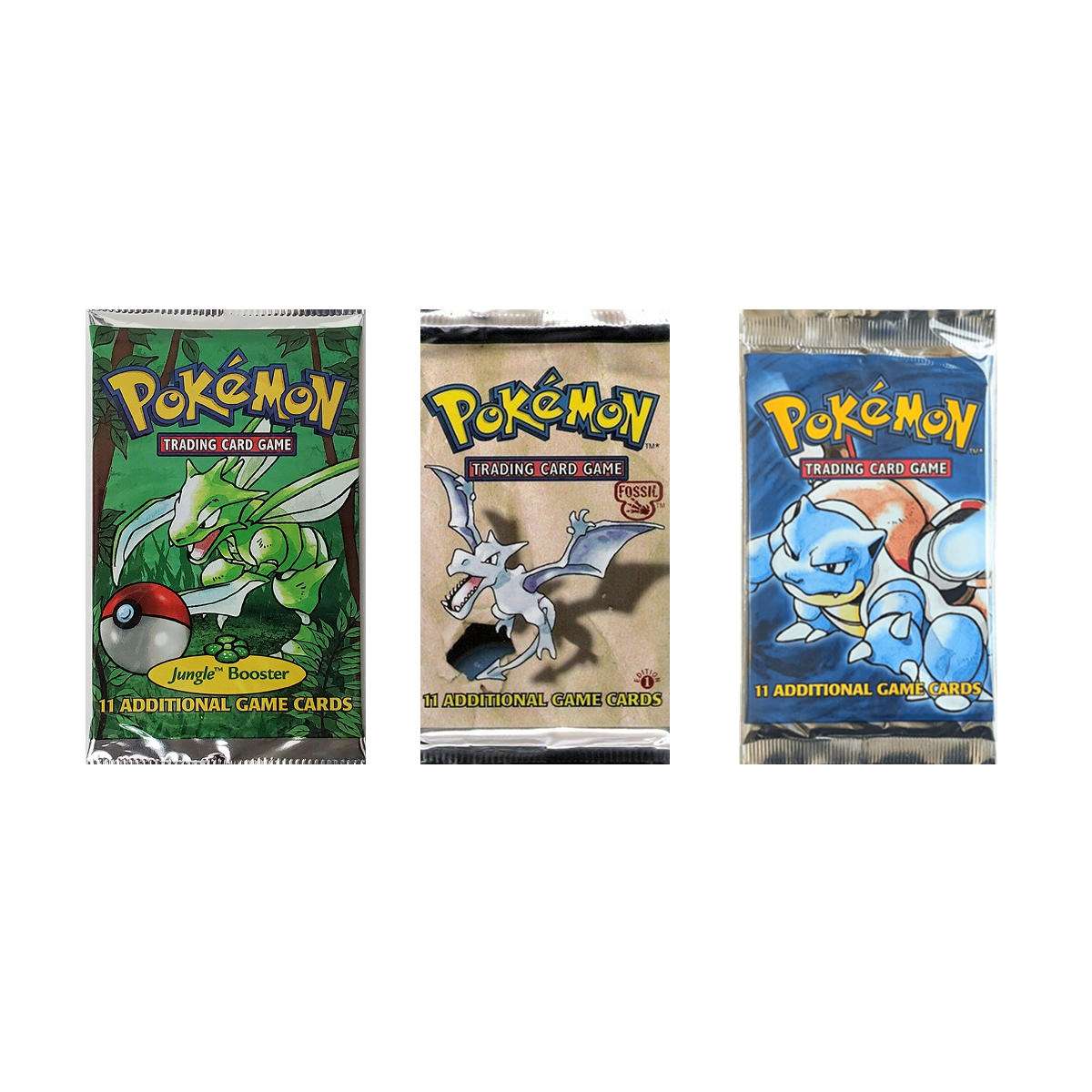 Three unopened Pokémon trading card booster packs featuring artwork of Scyther, Aerodactyl, and Blastoise.