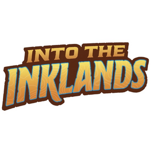 The logo reads INTO THE INKLANDS in large, bold, yellow letters with a brown outline. The word INKLANDS features a wavy blue pattern inside the letters. The background is white.