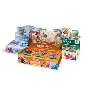 Three Disney Lorcana trading card game booster display boxes featuring various character art and 12-card packs.
