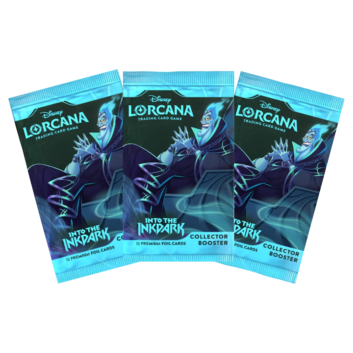 Three Disney Lorcana: Into the Inklands collector booster packs featuring Hades.