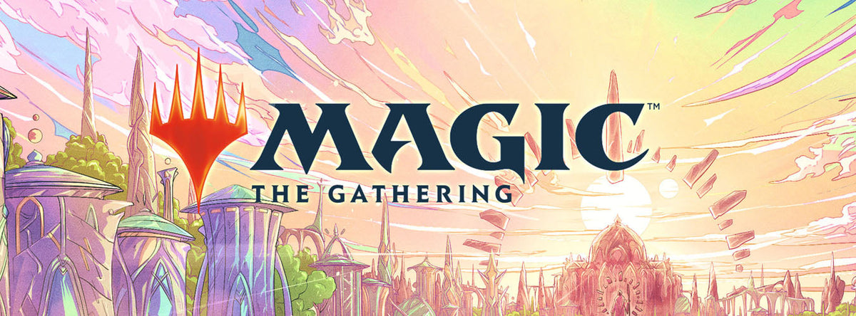 Magic: The Gathering logo over a fantasy landscape with futuristic buildings, floating structures, and a bright, colorful sky at sunrise or sunset.