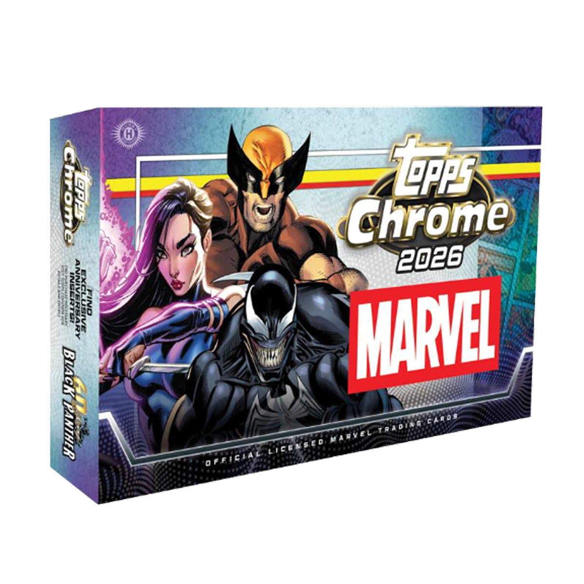 Topps Chrome 2026 Marvel trading card hobby box featuring illustrations of Wolverine, Psylocke, and Venom.
