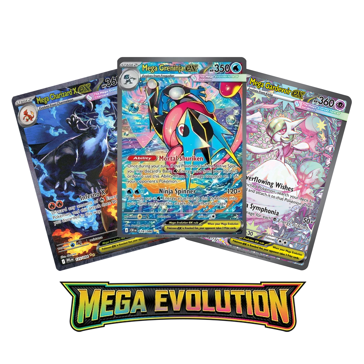 Three Mega Evolution Pokémon cards featuring Mega Charizard EX, Mega Greninja EX, and Mega Gardevoir EX, arranged above a Mega Evolution logo.