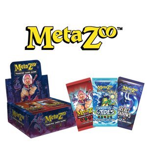 MetaZoo Trading Card Game logo above a booster box and three card packs: Wilderness, Torrential Tides, and Secret Shadows, displayed on a white background.
