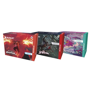 Three Magic: The Gathering bundles featuring Avatar: The Last Airbender, Marvel Spider-Man, and Lorwyn Eclipsed themes.