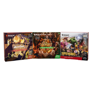 Three Magic: The Gathering Scene Boxes featuring Avatar: The Last Airbender, The Hobbit, and Marvel Super Heroes.