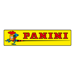 Panini logo featuring a stylized knight in armor holding a long lance next to the brand name in red capital letters on a yellow rectangular background.