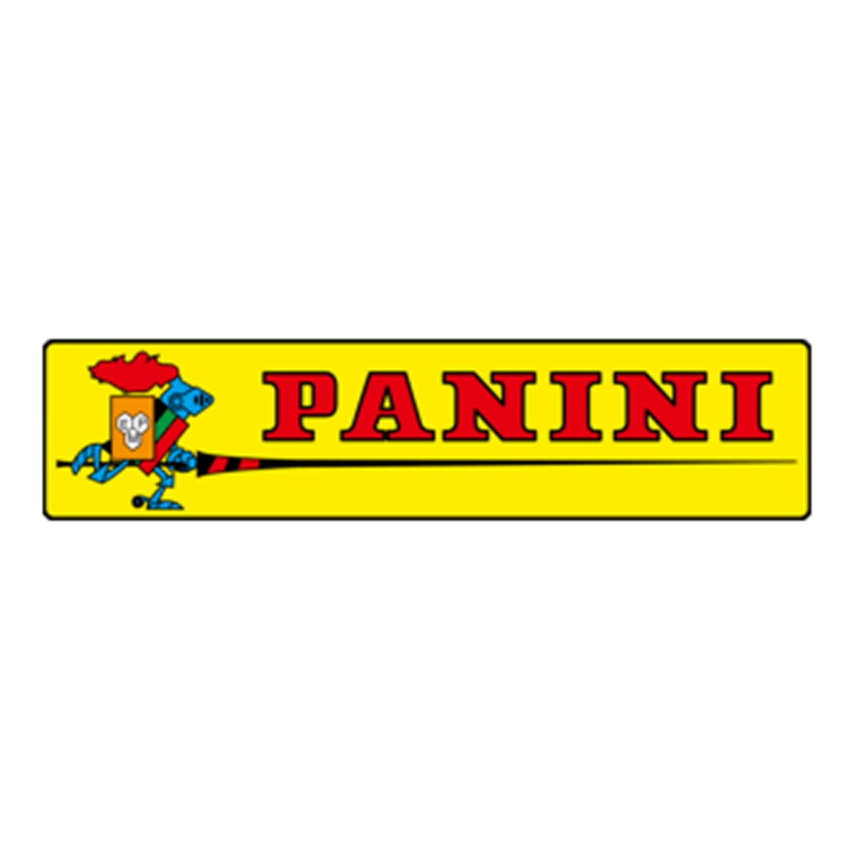 Panini logo featuring a stylized knight in armor holding a long lance next to the brand name in red capital letters on a yellow rectangular background.