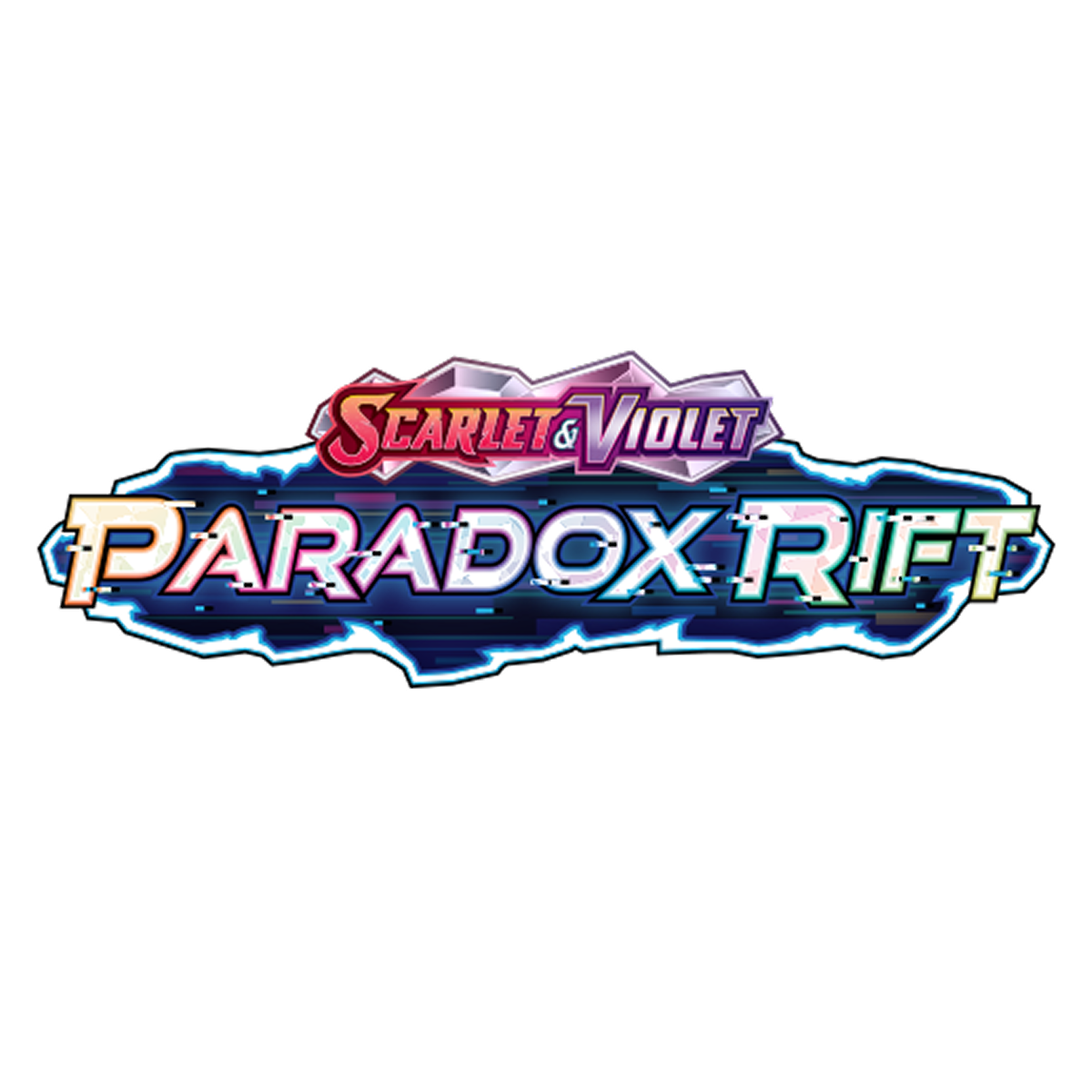 Pokémon Scarlet & Violet Paradox Rift logo with a stylized, glitch-effect font.