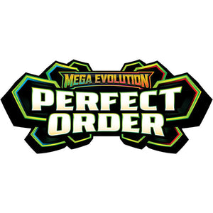 Logo for Mega Evolution Perfect Order with bold, glowing text and a layered, geometric background in shades of green, yellow, and black.