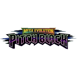 The image shows the text MEGA EVOLUTION PITCH BLACK in colorful, bold, stylized letters with a black jagged background behind PITCH BLACK and a gradient effect on the text.
