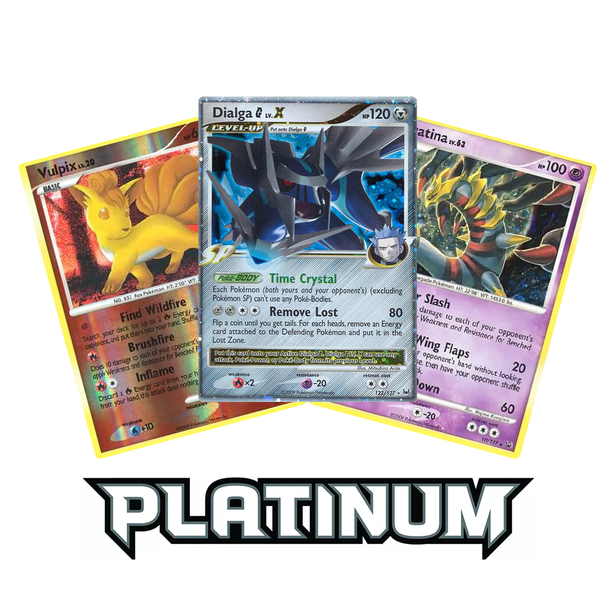 Three Pokémon trading cards featuring Vulpix, Dialga LV.X, and Giratina, arranged behind the Pokémon Platinum game logo.