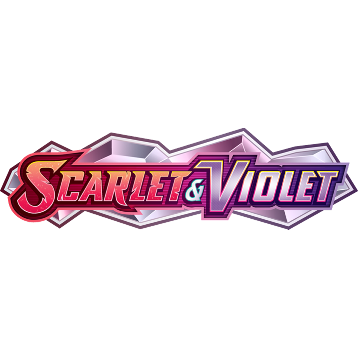 Pokémon Scarlet and Violet logo with the words Scarlet in red and Violet in purple set against a geometric crystalline background.