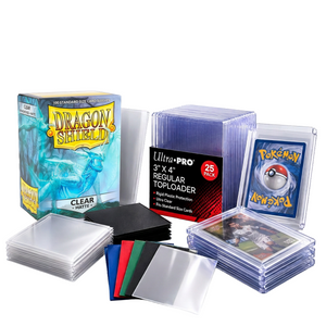 A box of Dragon Shield matte card sleeves, a pack of Ultra Pro rigid toploaders containing a Pokémon card and a sports trading card, and several loose plastic sleeves in various colors.