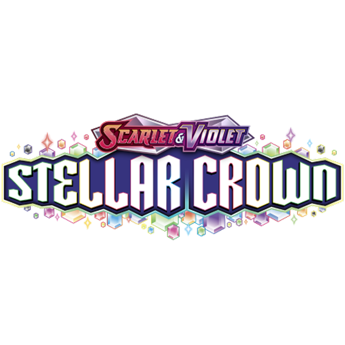 Logo for Pokémon Scarlet & Violet Stellar Crown surrounded by colorful crystalline shapes.