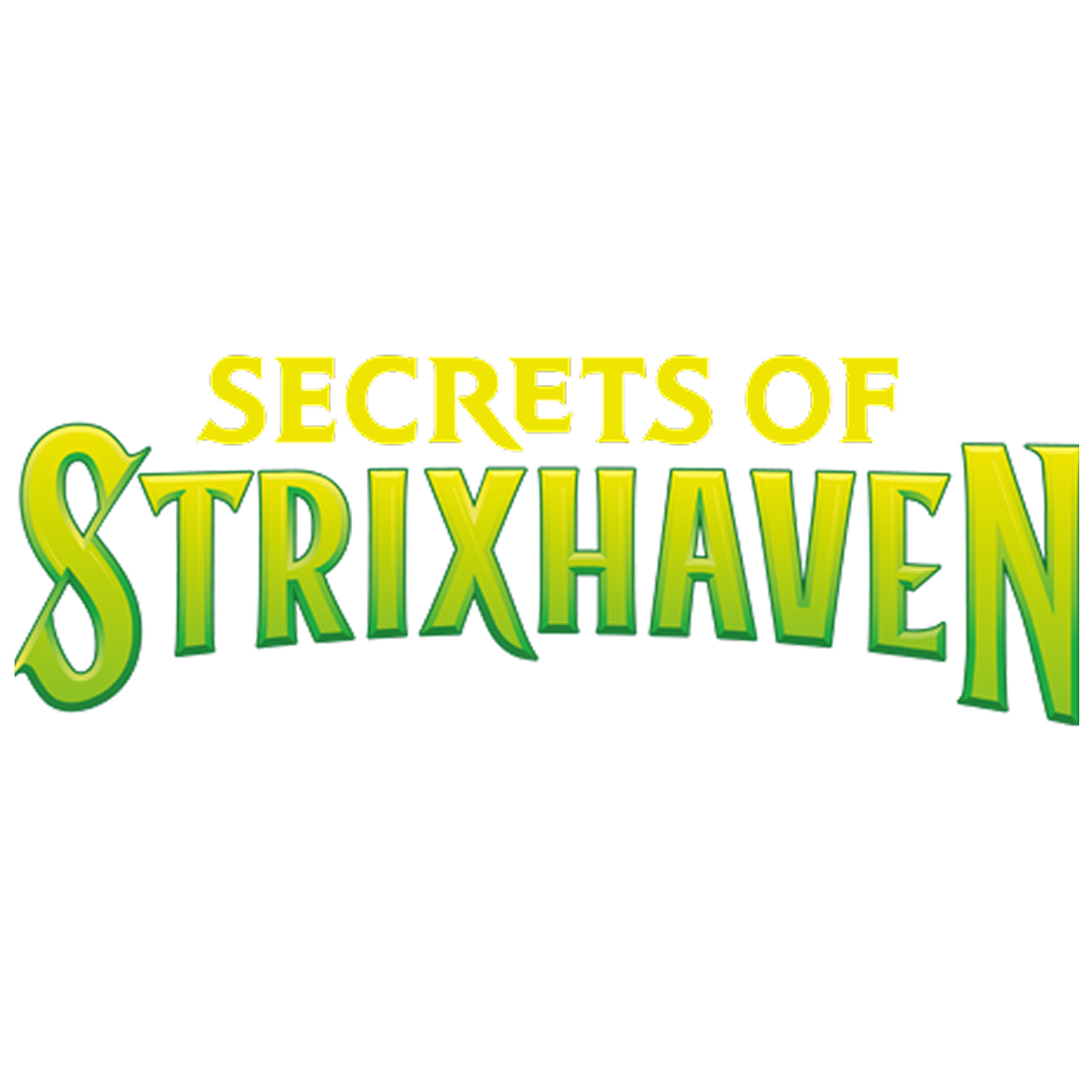Logo with the yellow text SECRETS OF above the green text STRIXHAVEN.
