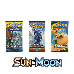 Three Pokémon trading card game booster packs from the Sun & Moon series, with different artwork, displayed above a large Sun & Moon logo on a white background.
