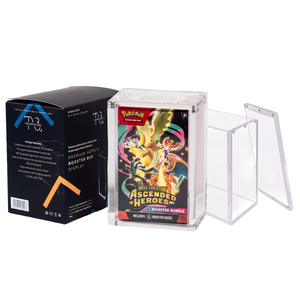 A clear acrylic protective case for a Pokémon Ascended Heroes booster bundle, shown next to its black product packaging box.
