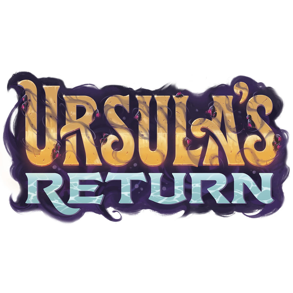 Ursulas Return is written in bold, stylized letters. The top text is gold with purple tentacles and pink suckers; the word RETURN below is in a cool blue-green shade with a wavy, watery effect.