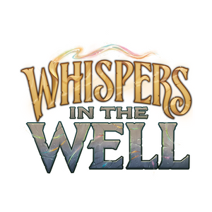 Whispers in the Well written in stylized, textured letters; Whispers in gold with a wavy line above, In the Well in gray and blue stone-like letters below. White background.