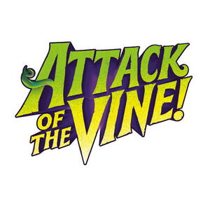 The image shows the words Attack of the Vine! in bold, yellow-green letters with a green vine curling around the letter A, on a white background.