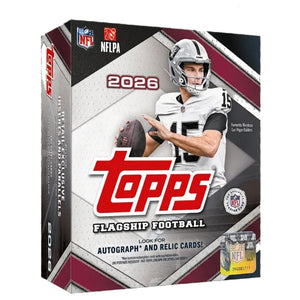 The Topps NFL Flagship Football 2026 Mega Box showcases an NFL quarterback in a white jersey and helmet, holding a football, on packaging with maroon and white design elements featuring NFL and NFLPA logos.