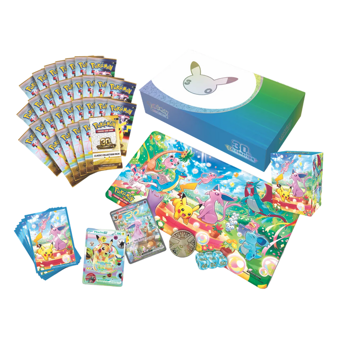 The Pokémon TCG: 30th Celebration Ultra-Premium Collections – Day & Night by The Pokémon Company includes booster packs, a vibrant playmat, card sleeves, a coin, badge, promo cards, and a minimalist Mew storage box.
