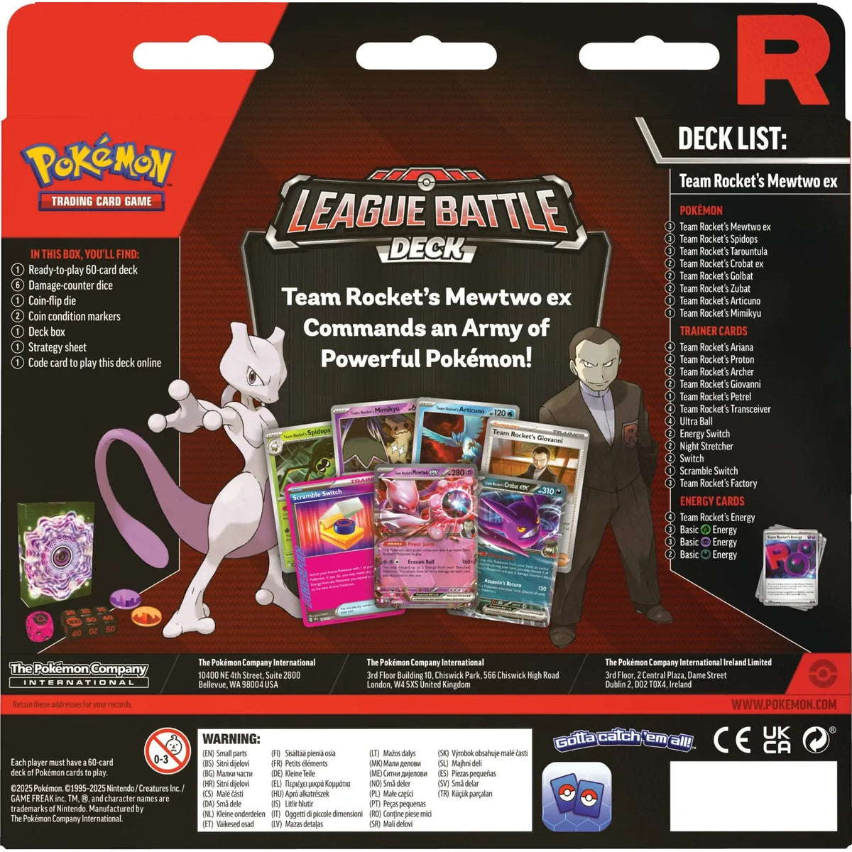 The Pokémon Company’s Pokémon TCG: Team Rocket's Mewtwo ex League Battle Deck includes holographic cards, damage counters, and accessories in bold red and purple packaging. Perfect for players ages 6 and up.