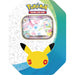 The Pokémon TCG: 30th Celebration EX Tin by The Pokémon Company features a Sylveon EX card and displays Pikachu’s face with red cheeks on the front, complemented by outlines of various Pokémon characters in the background.