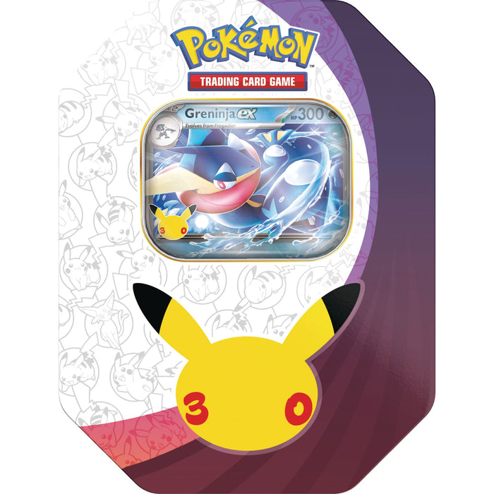 Introducing the Pokémon TCG: 30th Celebration EX Tin by The Pokémon Company, featuring Pikachu’s face and a prominently displayed Greninja-EX card at the top. The background is decorated with outlines of various Pokémon.