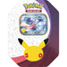 Introducing the Pokémon TCG: 30th Celebration EX Tin by The Pokémon Company, featuring Pikachu’s face and a prominently displayed Greninja-EX card at the top. The background is decorated with outlines of various Pokémon.