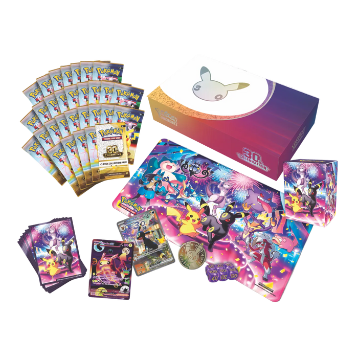 The Pokémon Company’s Pokémon TCG: 30th Celebration Ultra-Premium Collections – Day & Night includes a festive box, 11 booster packs, a playmat, card sleeves, promo cards, a coin, and deck box—all with vibrant Pikachu & friends artwork.