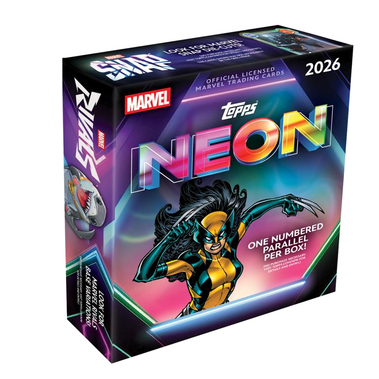 A Topps Marvel 2026 Neon Mega Box featuring X-23 on the front with text promoting one numbered parallel card per box.