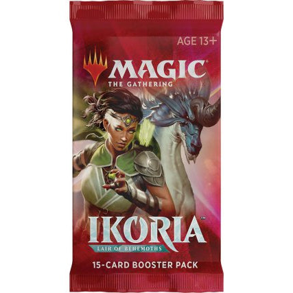 A Magic the Gathering: Ikoria: Lair of Behemoths Booster Pack by Wizards of the Coast, red packaging with a warrior woman and blue horned creature, marked Age 13+ and "15-card booster pack.