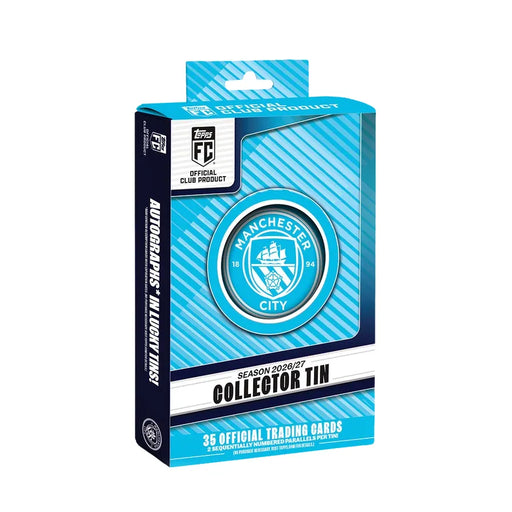 The Topps Collector Tin 2026/27 Manchester City is a blue tin box featuring the club logo, branded by Topps, and contains 35 official trading cards with the chance of finding autographs.