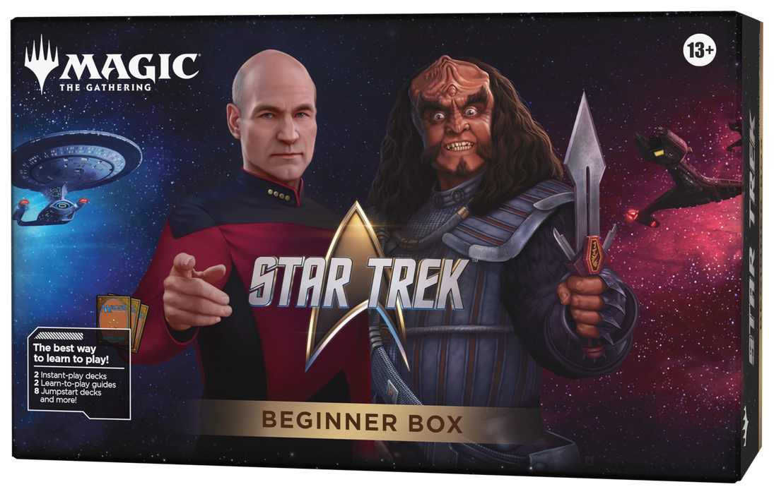 The Magic: The Gathering - Star Trek Beginner by Wizards of the Coast features a human in a red uniform alongside a Klingon in armor, set against a space backdrop with starships, and is labeled for ages 13 and up.