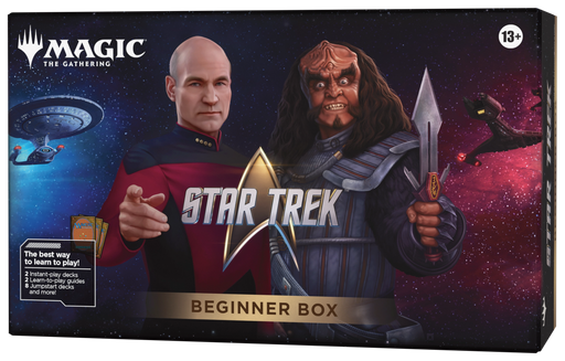 The Magic: The Gathering - Star Trek Beginner by Wizards of the Coast features a human in a red uniform alongside a Klingon in armor, set against a space backdrop with starships, and is labeled for ages 13 and up.