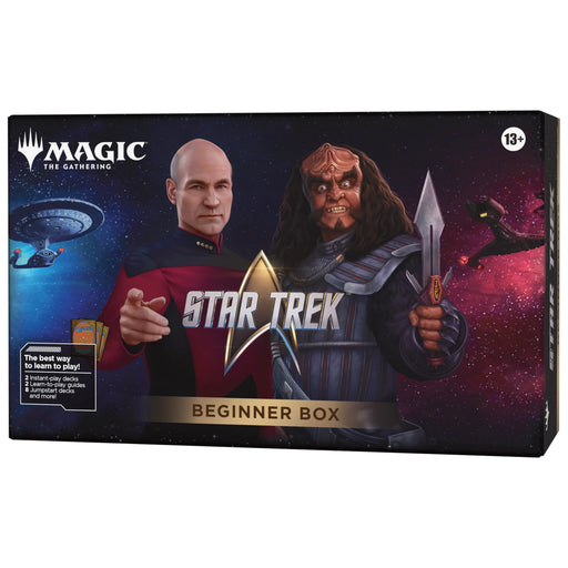 The Magic: The Gathering - Star Trek Beginner by Wizards of the Coast features a human in a red uniform alongside a Klingon in armor, set against a space backdrop with starships, and is labeled for ages 13 and up.
