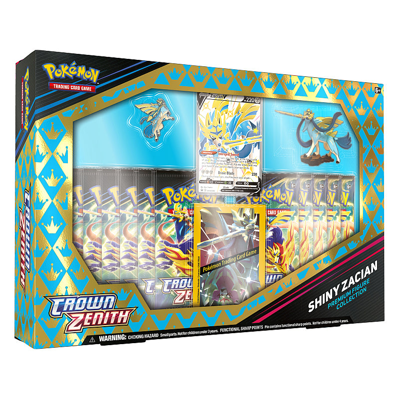 Two Pokémon TCG: Shiny Zacian/Zamazenta V Premium Figure Collection boxes from The Pokémon Company—one blue with Shiny Zacian, one red with Shiny Zamazenta—each showcasing featured cards and booster packs in clear display windows.