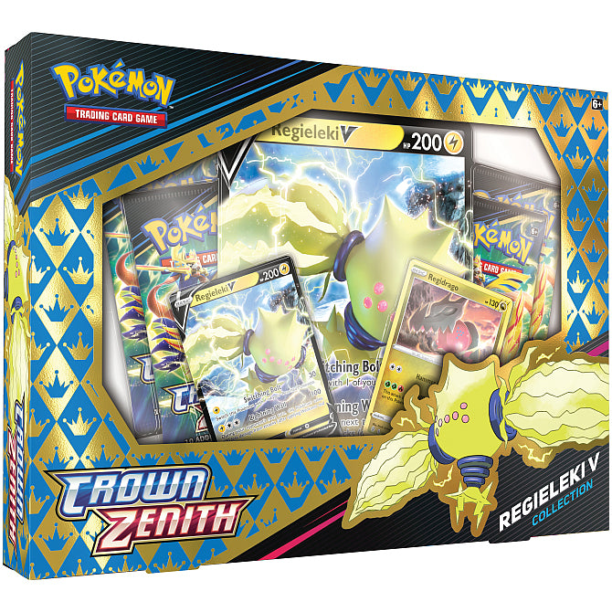 The Pokémon TCG: Regieleki/Regidrago V Collection by The Pokémon Company features Regieleki V promo cards, booster packs, and vivid Crown Zenith artwork in an eye-catching blue and gold package.